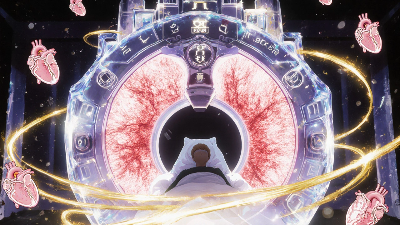 A magical MRI fortress revealing hidden heart scars with golden magnetic fields.