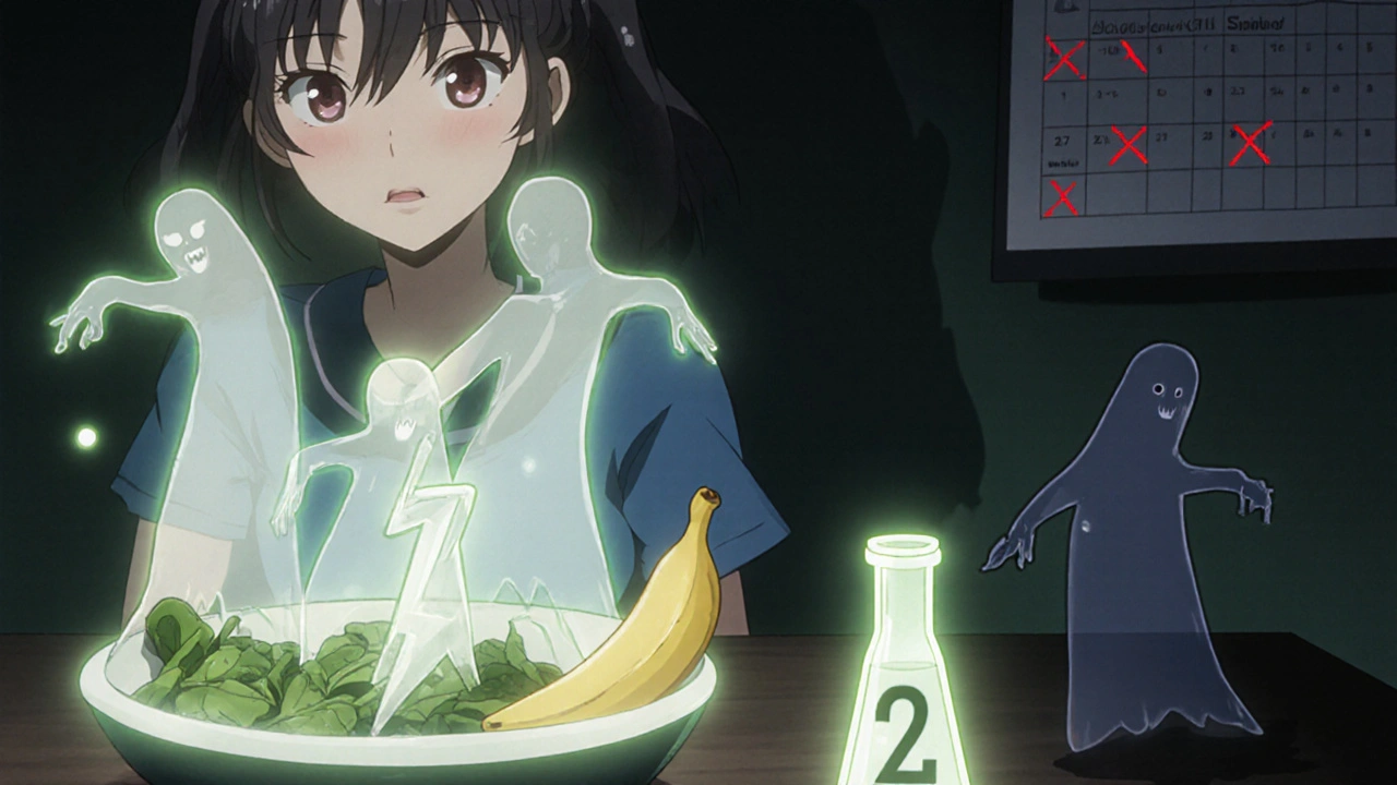 A patient surrounded by glowing potassium ions rising from high-potassium foods, with a lab vial and calendar.