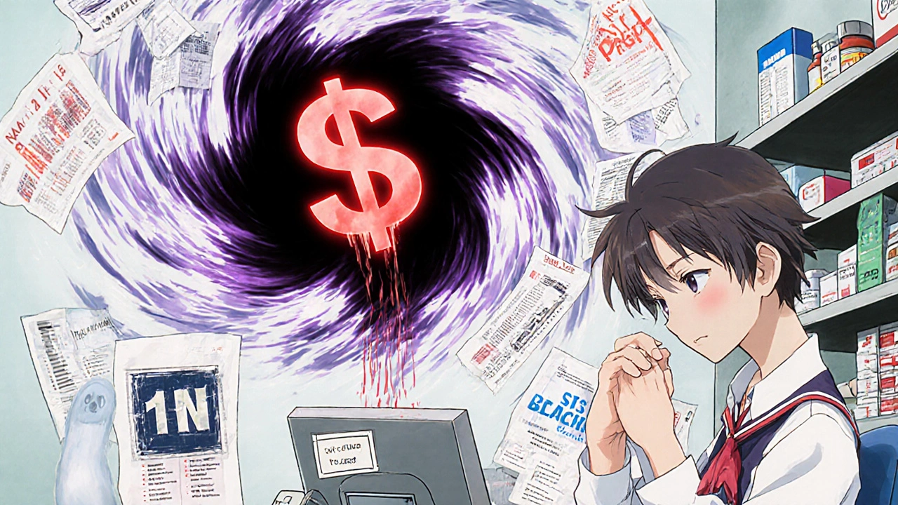 A pharmacist surrounded by chaotic paperwork as money drains from their register into a corporate shadow.