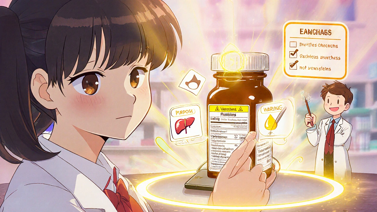 A teen scanning a medicine bottle with a holographic anime-style interface displaying FDA label sections as animated cards.