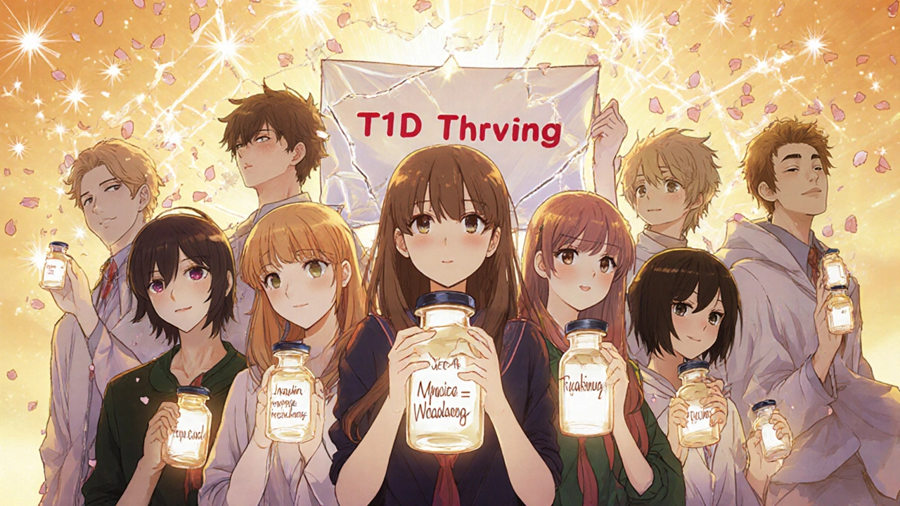 Diverse group of people under a radiant aurora of insulin molecules, holding vials, symbolizing community and resilience.