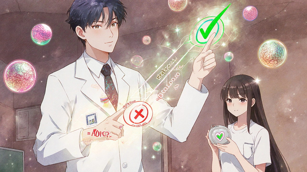 Neurologist explaining statin and ALS data with glowing holograms and brain scans in anime style.