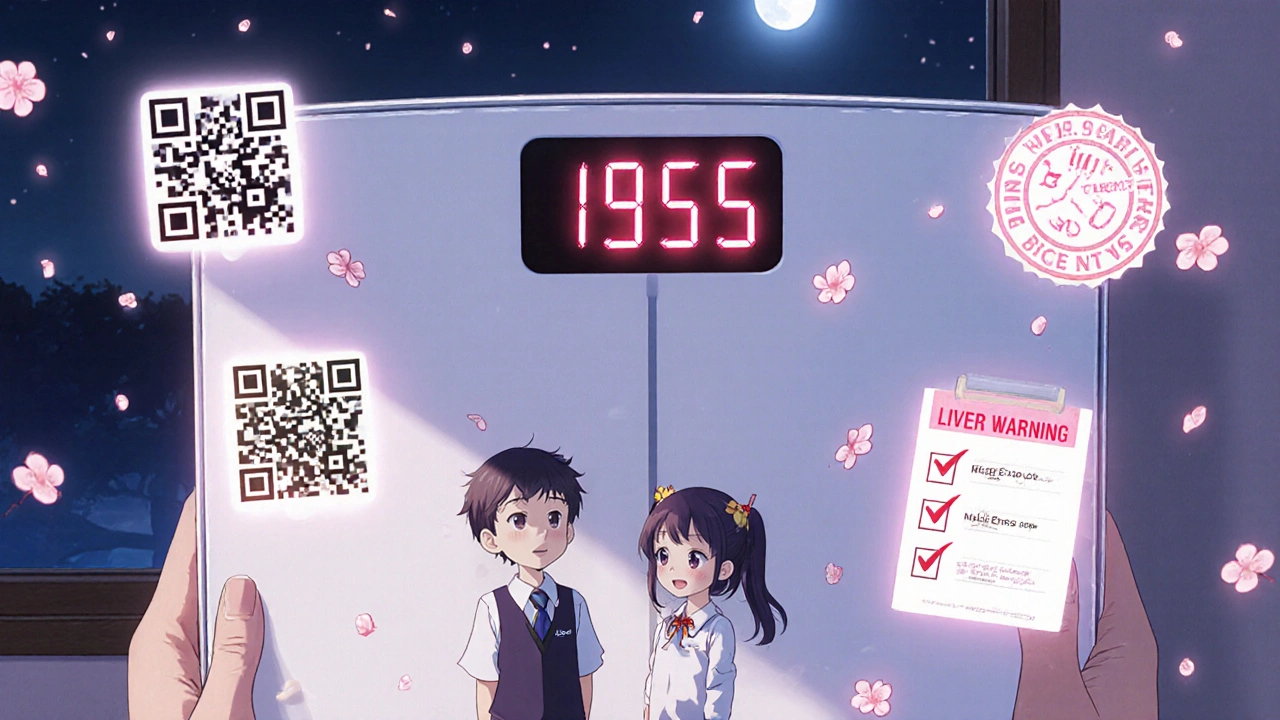 Parent and child on a scale with digital weight readout, surrounded by safety icons and a glowing QR code.
