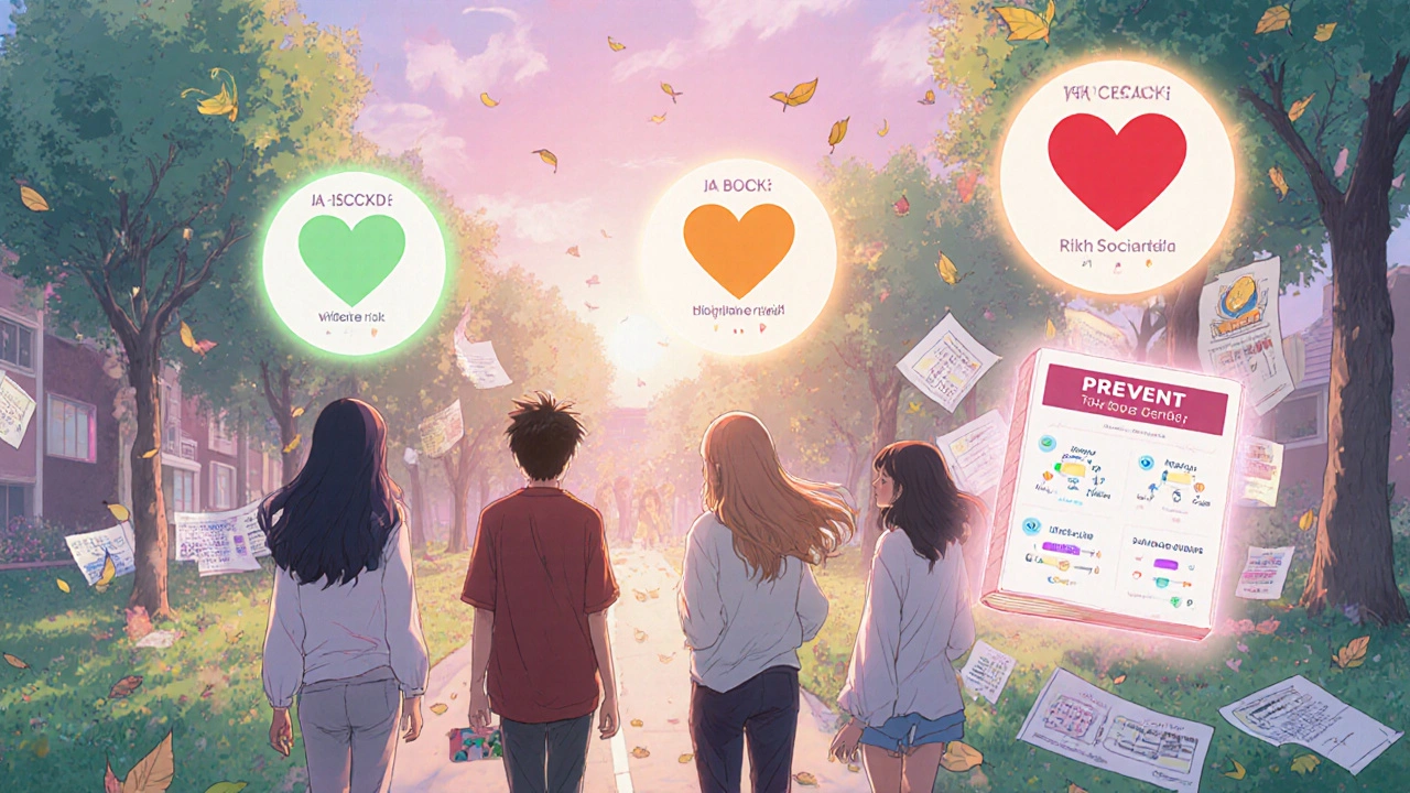 People walk in a park with floating heart icons showing their risk levels, beside a glowing PREVENT Calculator book.