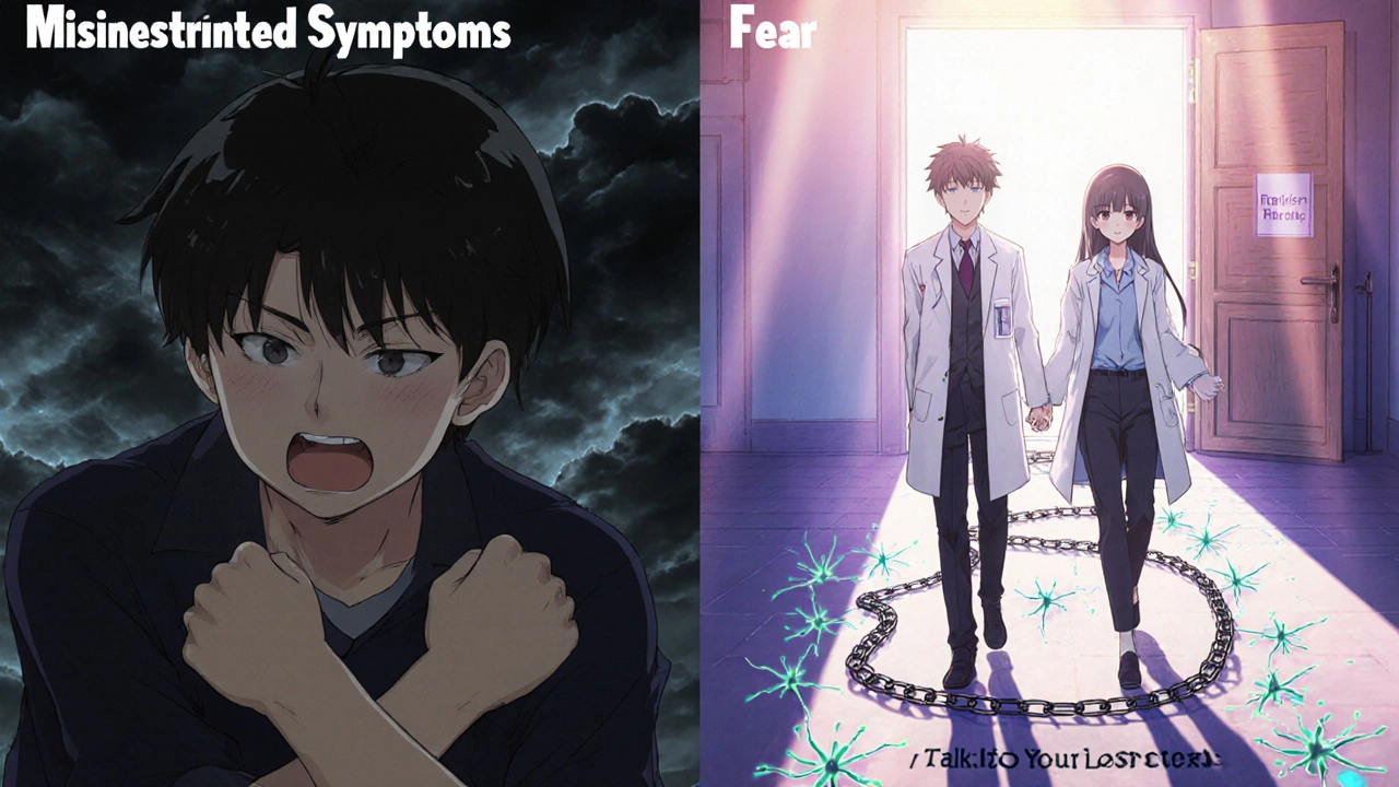 Split scene showing fear of statins vs. calm understanding with glowing neurons and broken chains.