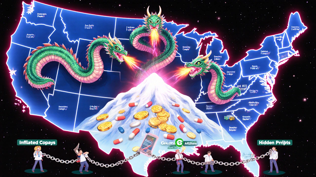 Three corporate dragons hoarding generic drug profits while patients and pharmacies suffer below.