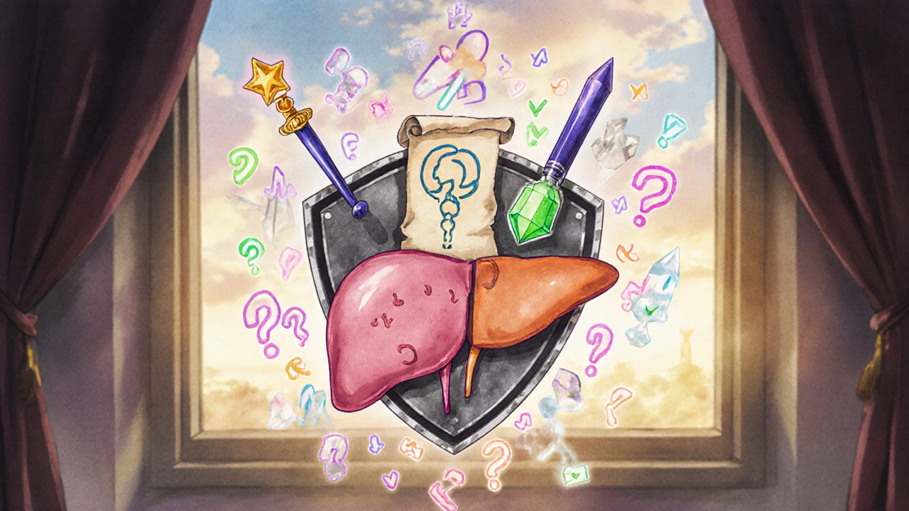Three magical diagnostic tools harmonize above a liver shield showing fibrosis stages in anime style.