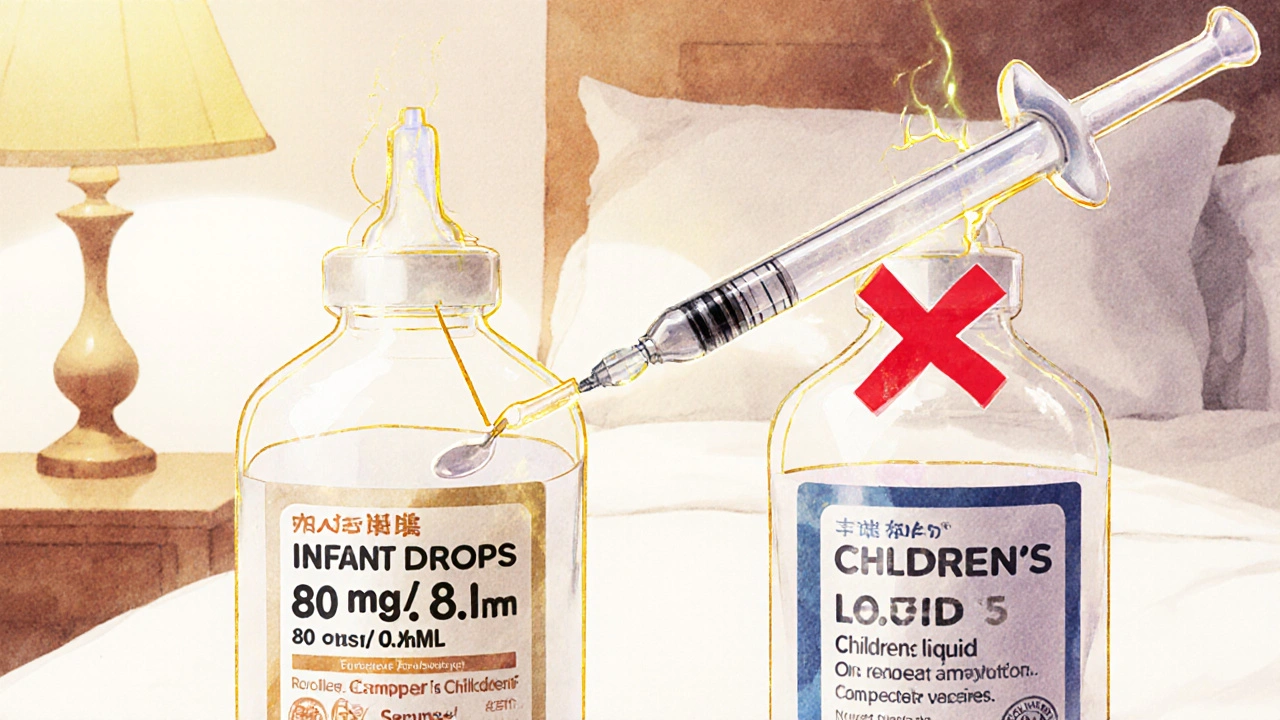 Two medicine bottles side by side—one for infants, one for children—with correct and incorrect dosing tools highlighted.