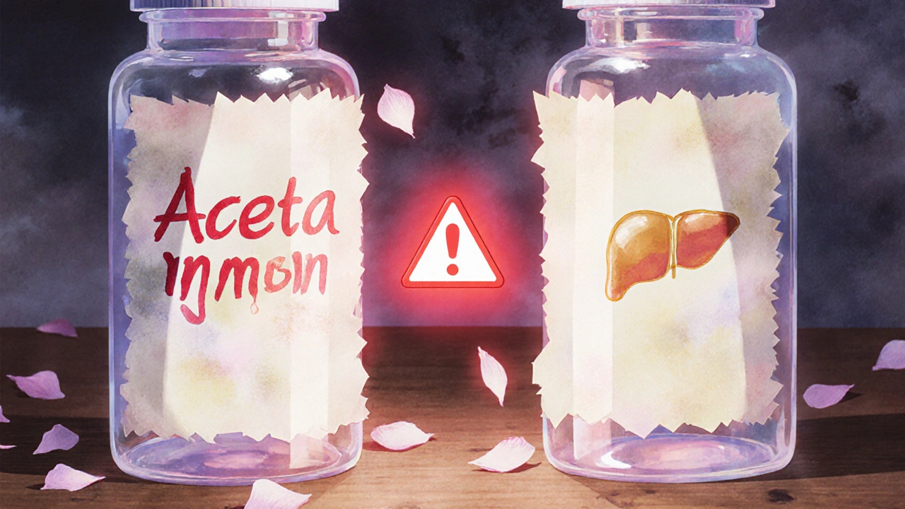Two medicine bottles side by side with glowing active ingredients, one hidden, a red liver warning symbol between them.