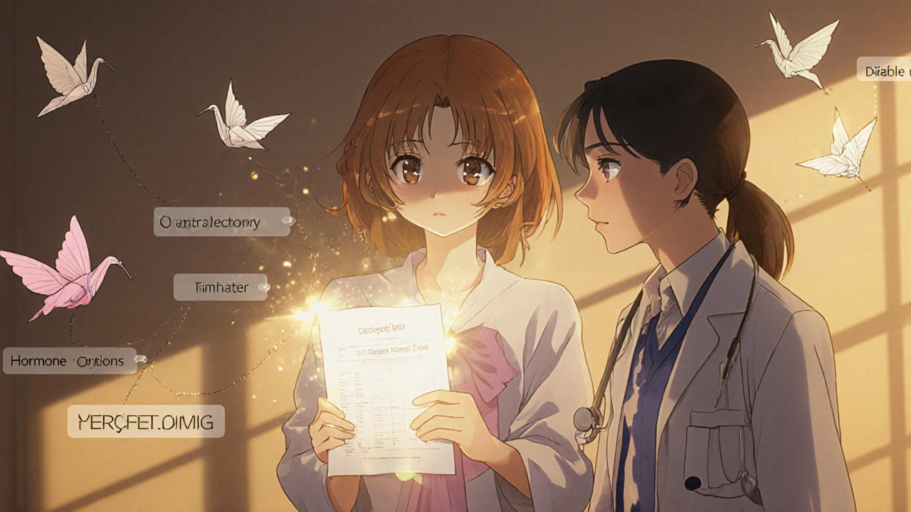 Woman holding a genomic report that turns into a butterfly, with treatment options as floating paper cranes.