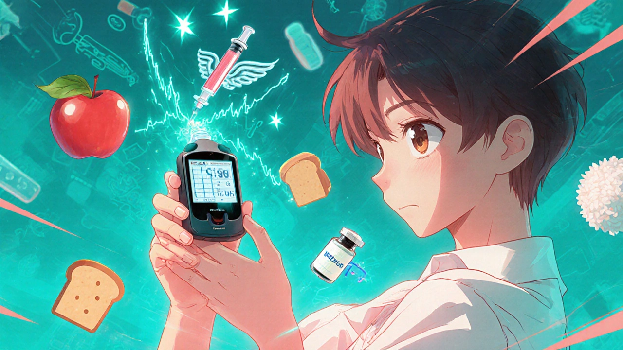 Young person using a glowing insulin pump and CGM with floating carb symbols and flying insulin syringe.