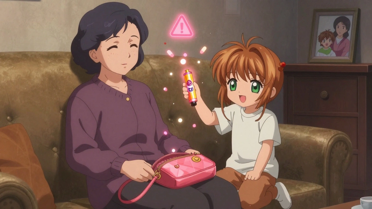 A child holding a liquid nicotine cartridge like a toy, next to an open purse on a couch.