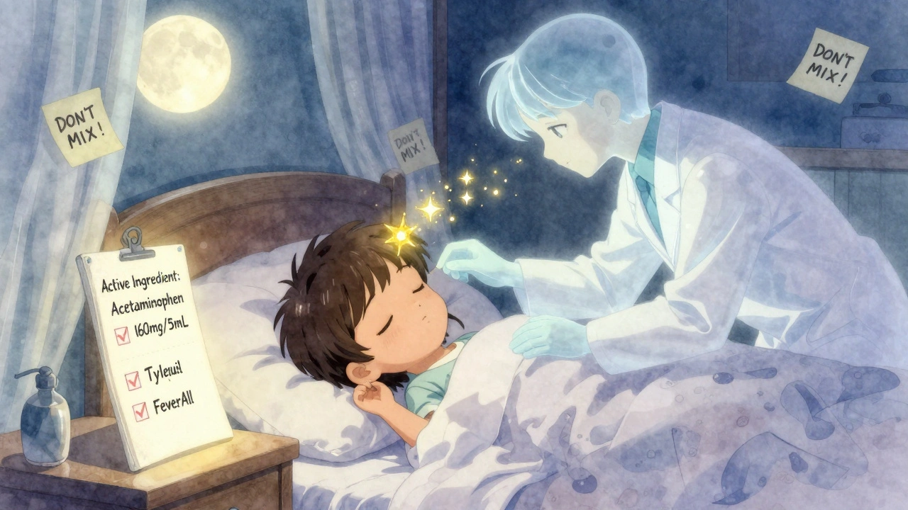 A child sleeps peacefully as a phantom pharmacist places a glowing checklist with active ingredients on the nightstand.