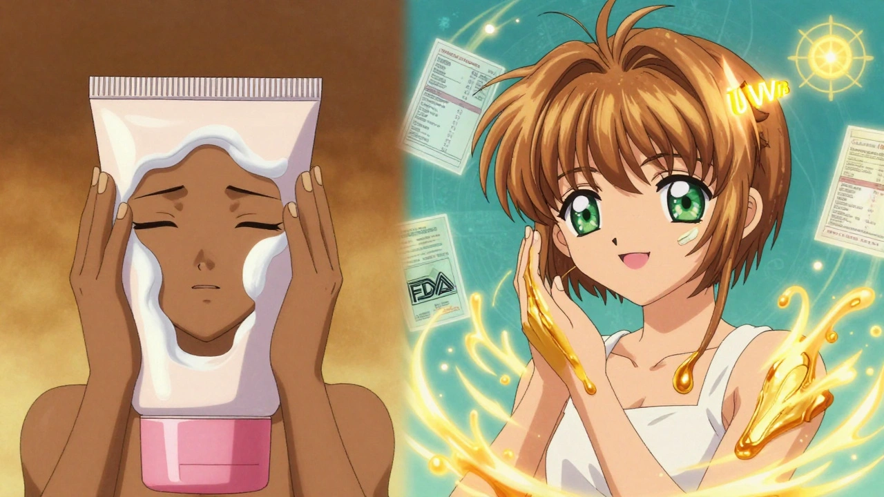 A dark-skinned girl transitioning from white-cast mineral sunscreen to seamless tinted chemical sunscreen with magical energy.