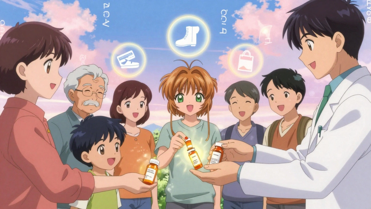 A diverse group receiving generic medications with floating icons of savings like tickets and groceries.