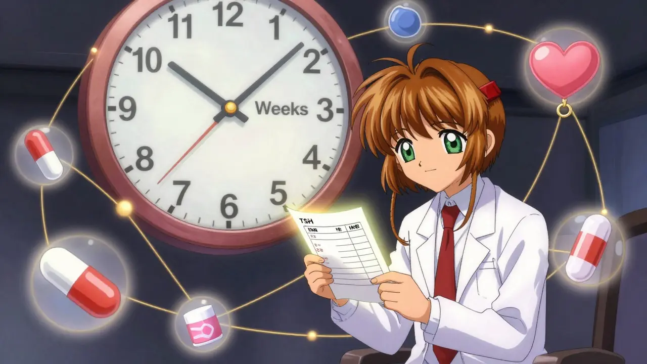 A doctor and patient review a blood test under a floating clock, surrounded by icons of NTI medications connected by golden threads.