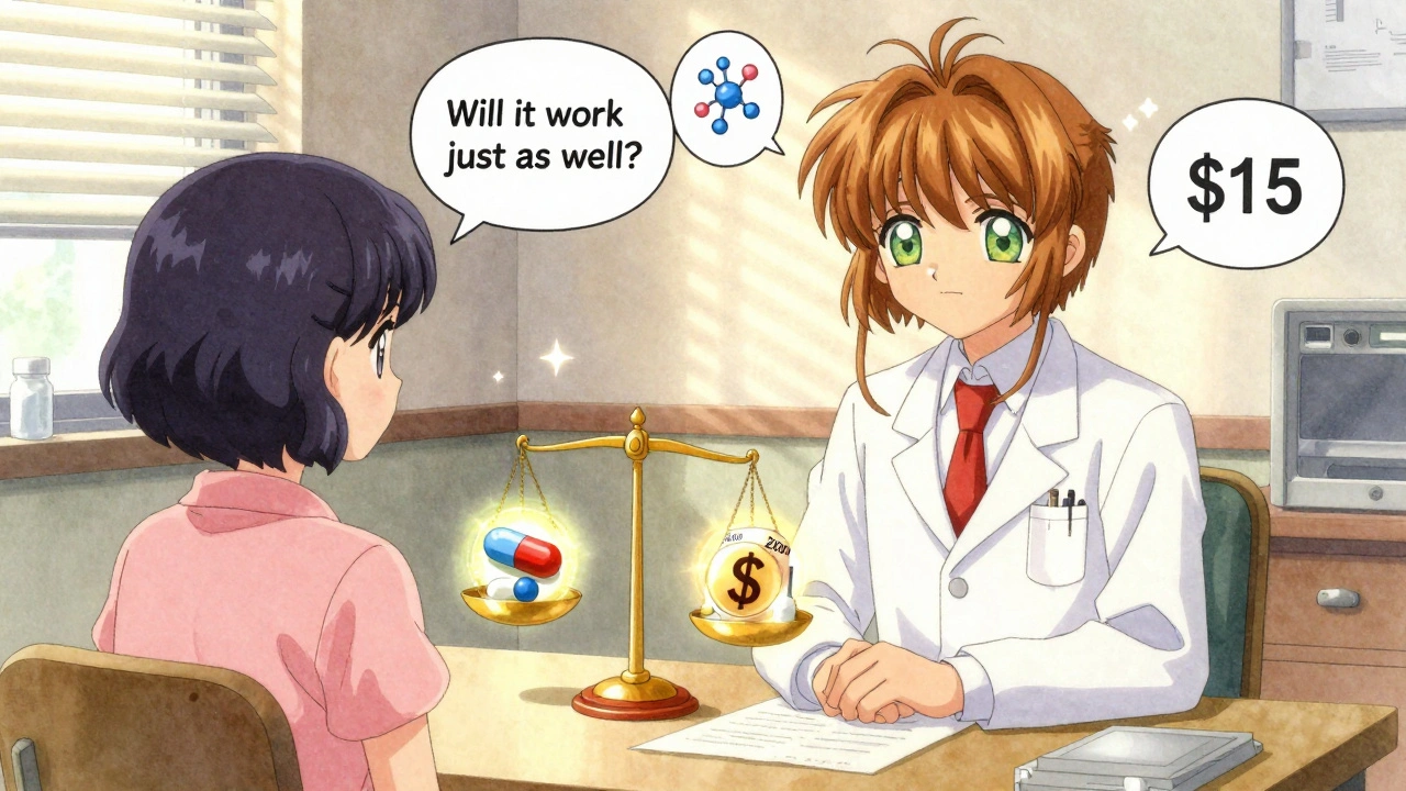 A doctor and patient talk in a clinic, with floating icons showing generics are just as effective as brand-name drugs.