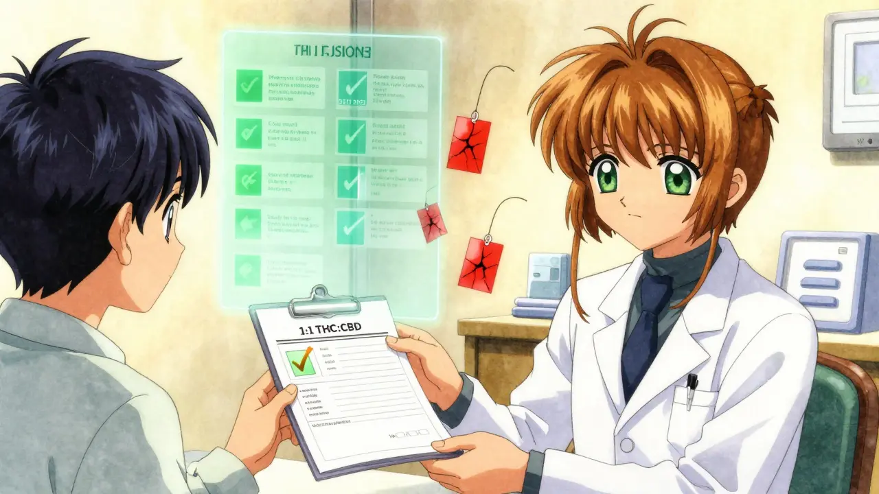 A doctor gives a patient a lab report while holographic study results float like glowing charms in a medical clinic.