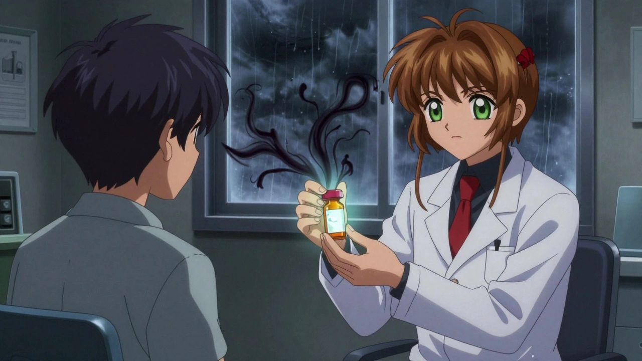 A doctor giving a pill bottle that emits shadowy anxiety tendrils in a quiet clinic.