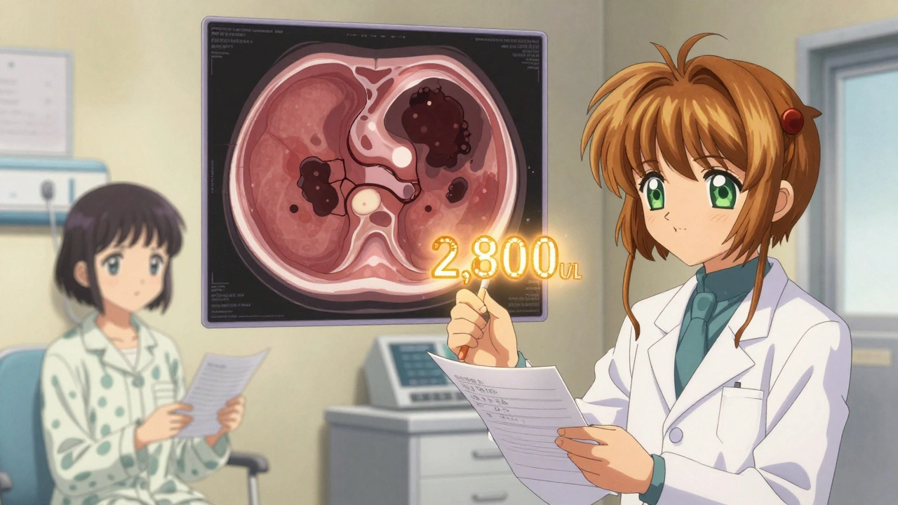 A doctor holding a glowing blood test result and a CT scan showing pancreatic damage in a hospital setting.