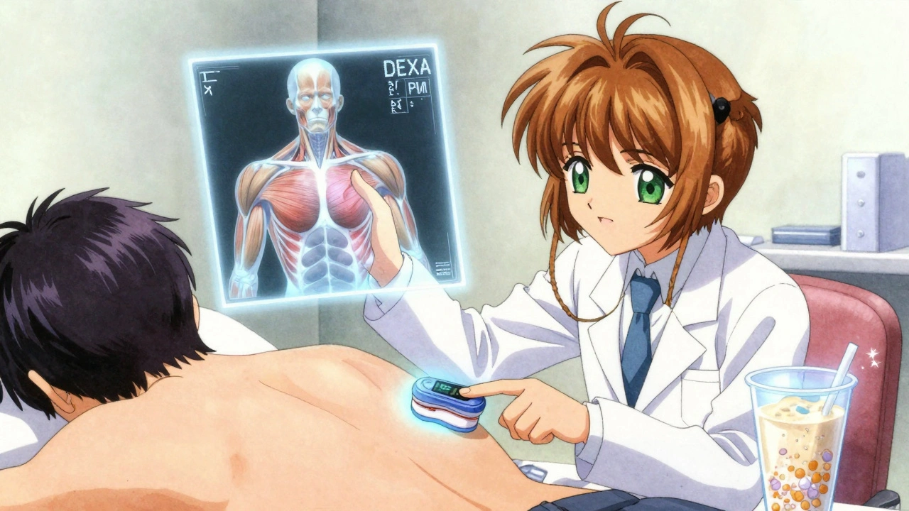 A doctor shows a glowing chest muscle scan with floating symbols, while a protein shake hovers nearby with sparkling crystals.