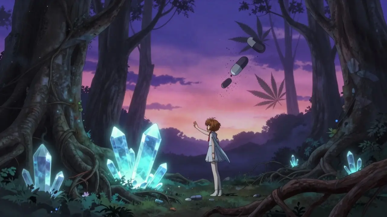 A figure reaches for glowing CBG crystals in a mystical forest as opioid pills crumble and cannabis leaves fade in the background.