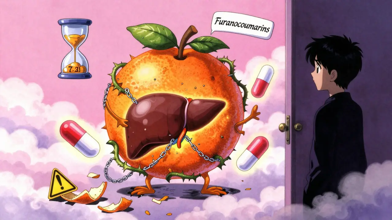 A fruit monster chokes a liver while medication capsules glow, surrounded by hourglasses and shattered peels in dreamlike anime art.