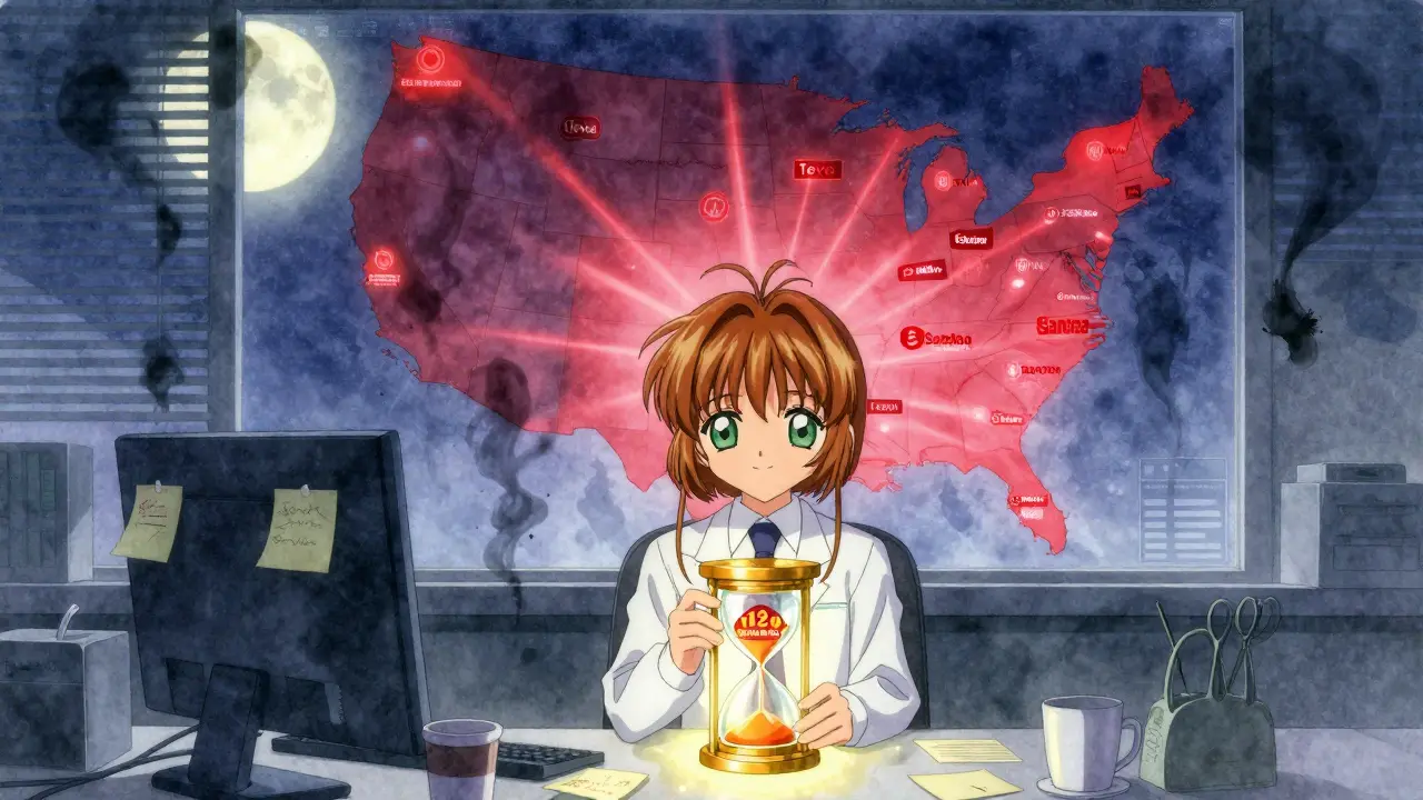 A generic drug worker holds a golden hourglass token at midnight, surrounded by maps of patent challenges across the U.S.