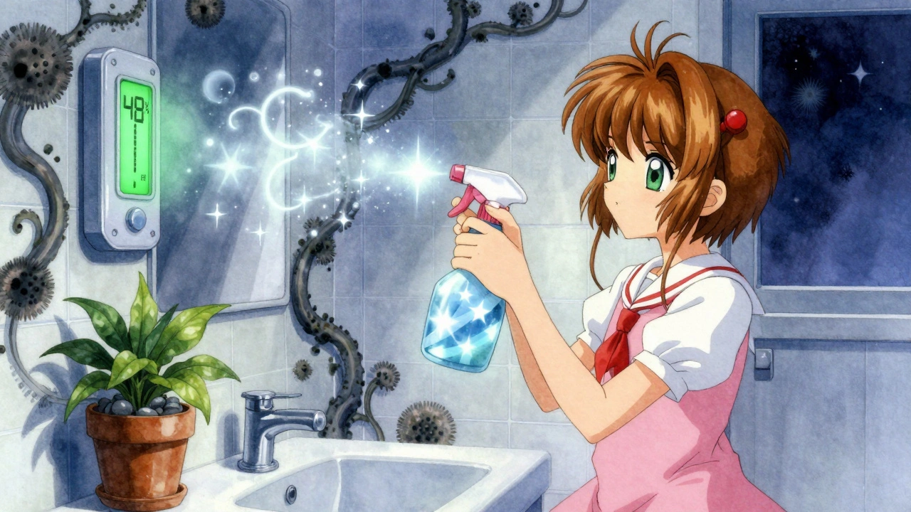 A girl cleaning mold behind bathroom tiles with sparkling runes, hygrometer shows 48% humidity, pebbles instead of plants.