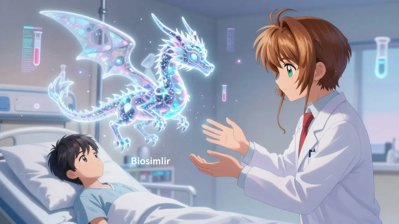 A glowing biologic dragon and a simpler biosimilar dragon hover above a hospital bed, surrounded by scientific data streams.