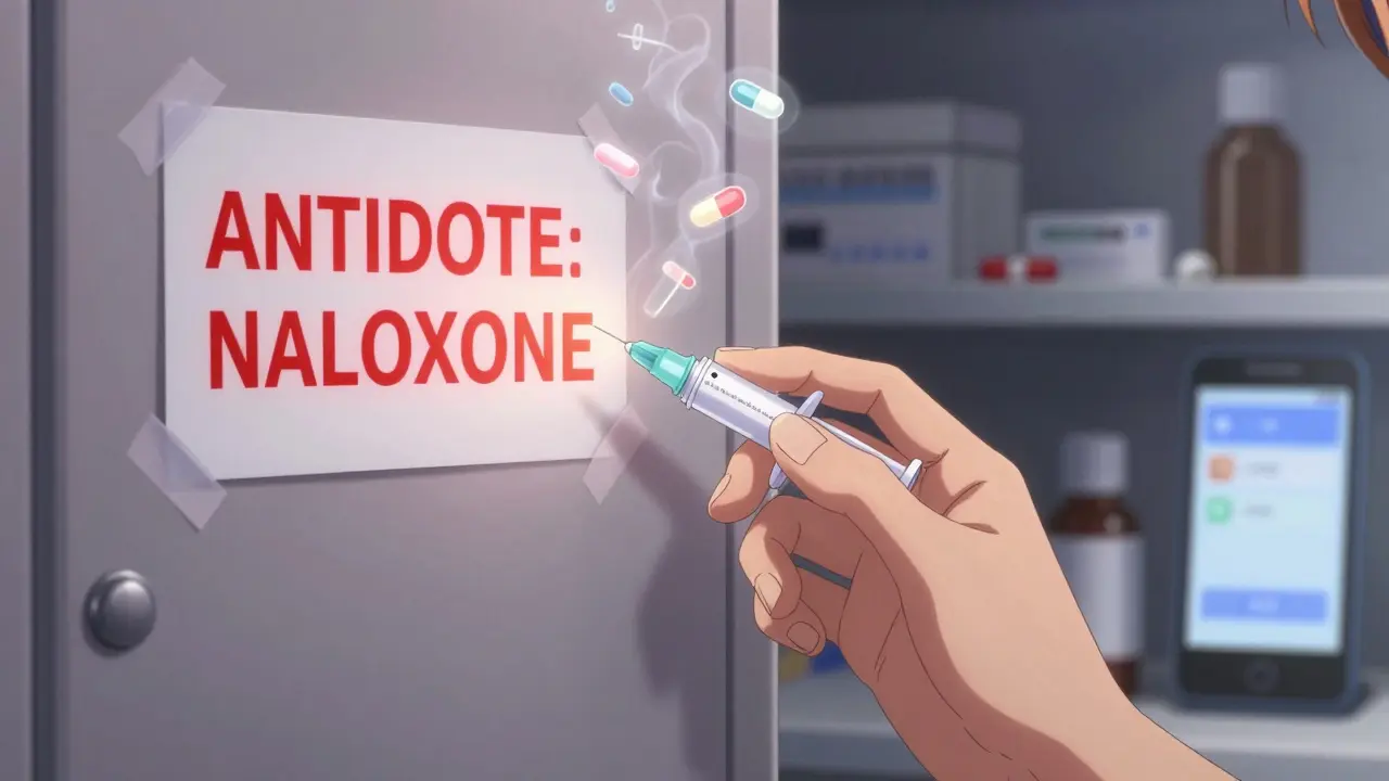 A hand holding naloxone beside a medicine cabinet with a taped Medication Guide showing 'ANTIDOTE: NALOXONE'.