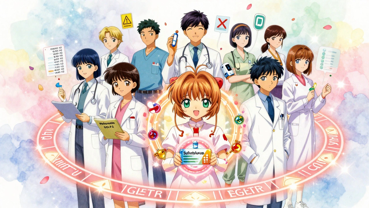 A healthcare team forming a protective circle with floating medication charms, a patient wearing an insulin device smiling in the background.