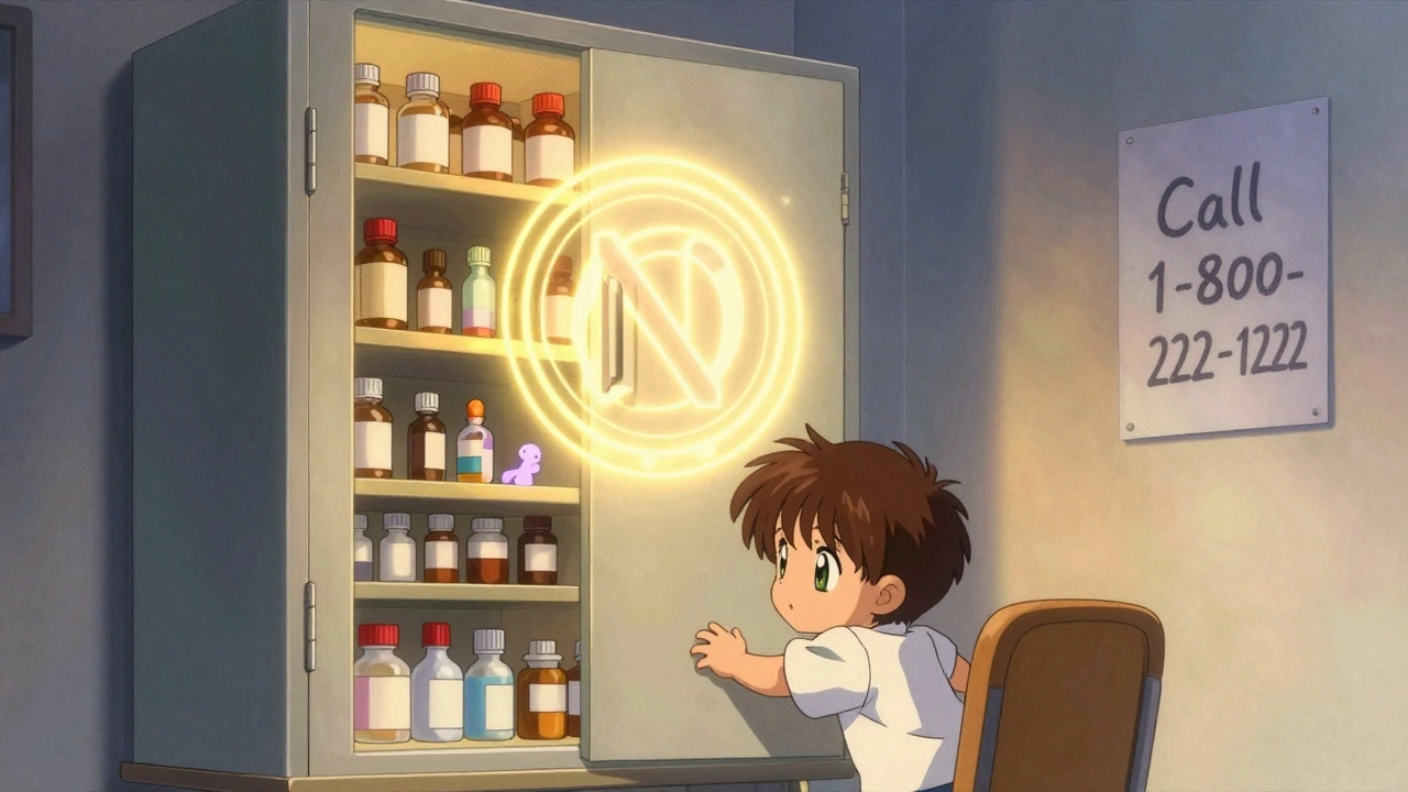 A locked medicine cabinet with magical protection, towering above a climbing child.