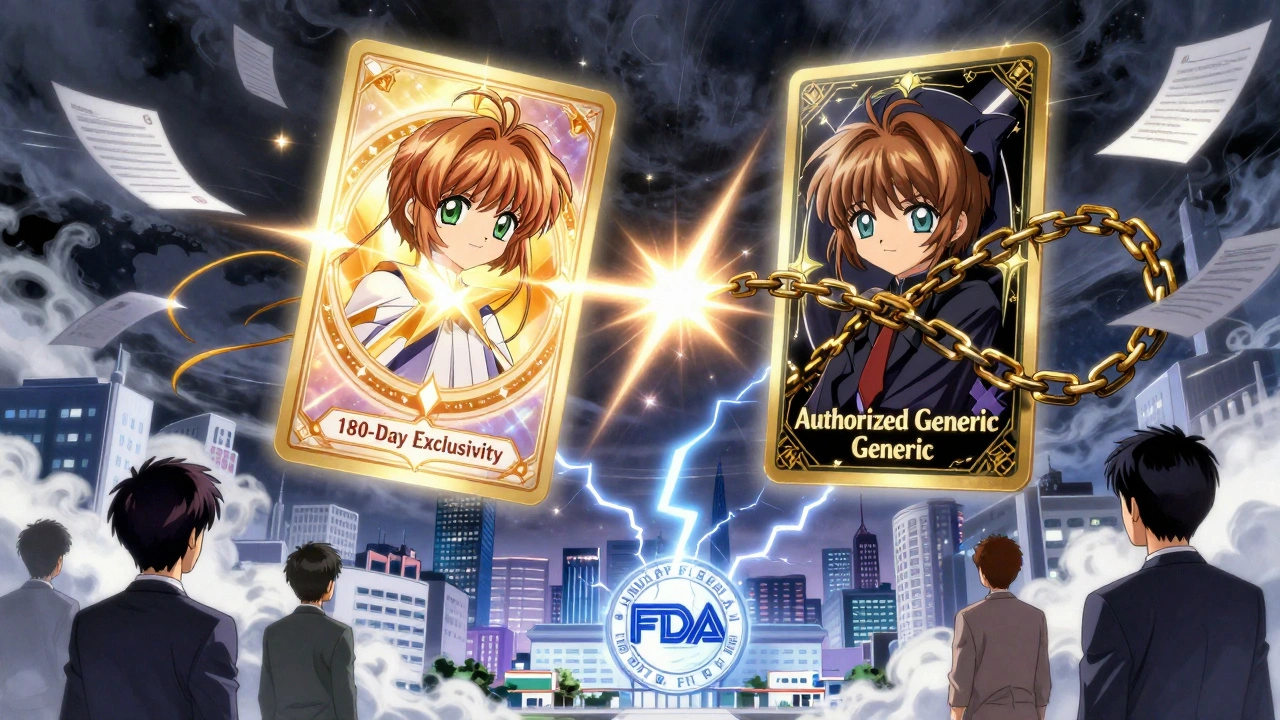 A magical battle between &#039;180-Day Exclusivity&#039; and &#039;Authorized Generic&#039; cards in a stormy sky above a hospital city.