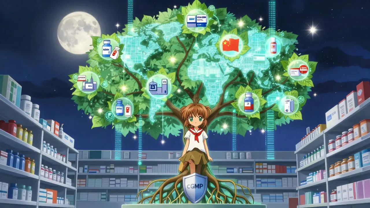 A magical tree with patient leaves connected to global factories, under a starry night sky.