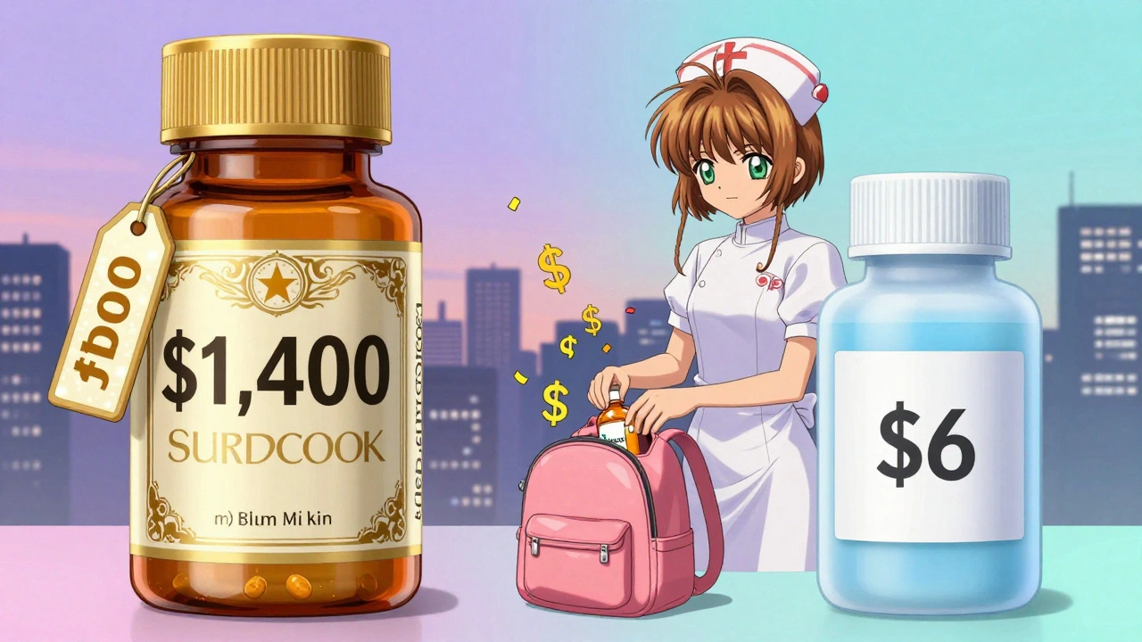 A minimalist generic pill bottle beside a lavish brand-name bottle, with dollar signs turning to confetti.