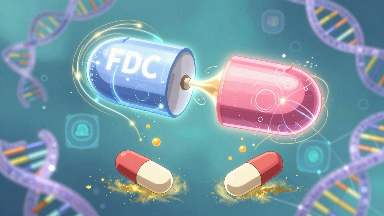 A modular pill splits in mid-air as separate pills dissolve into light, surrounded by digital and biological symbols.
