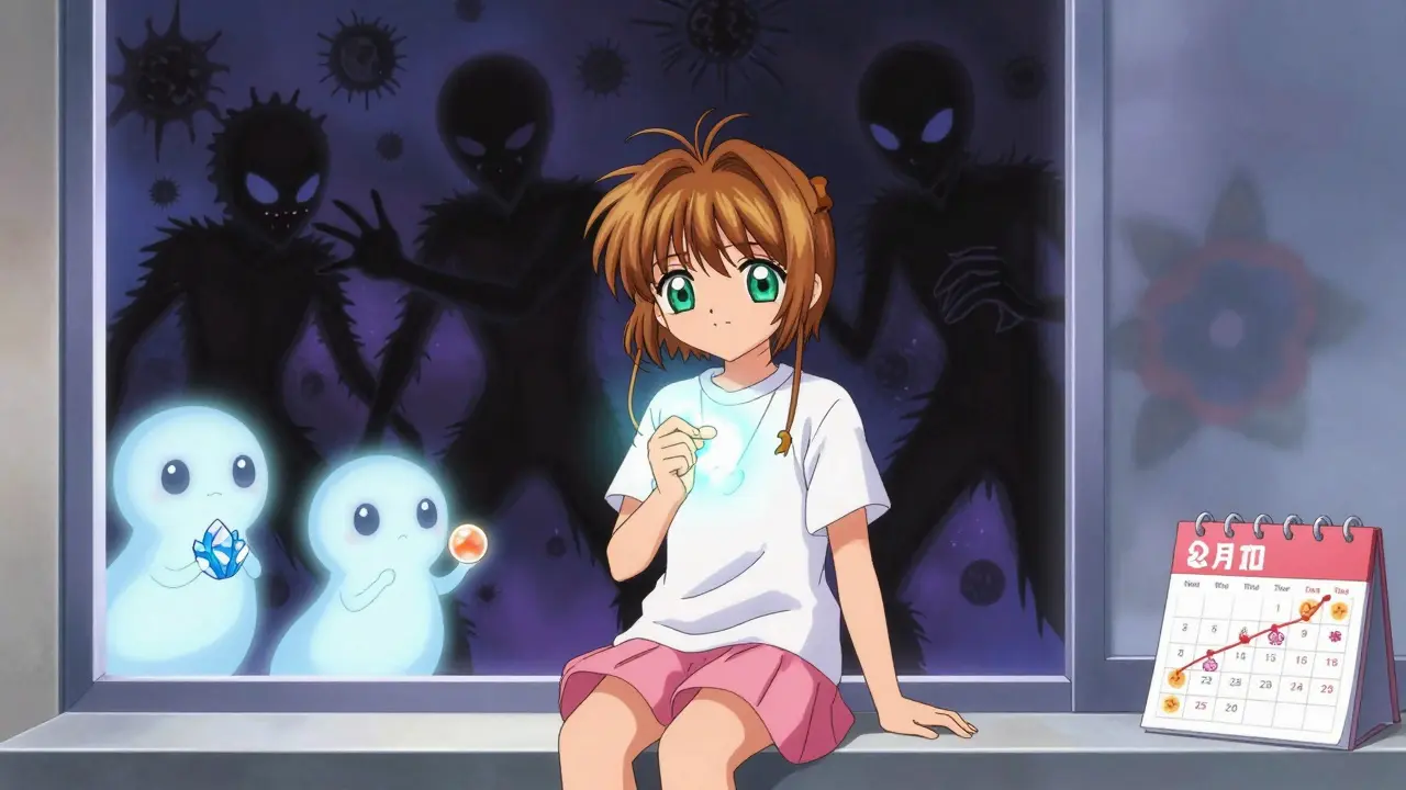 A patient holds a glowing pill as shadowy immune cells retreat, replaced by guardian spirits with healing orbs.