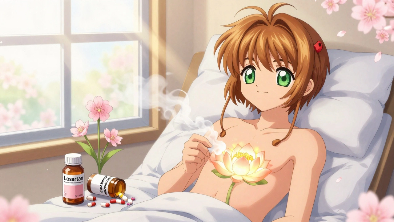 A patient recovering as their pancreas transforms into a glowing lotus flower, with safer medications blooming nearby.