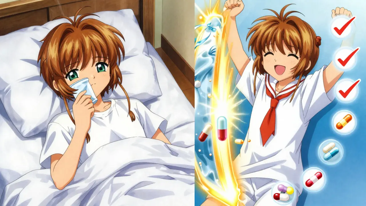 A patient recovers from illness after correctly timing antibiotic doses away from dairy.