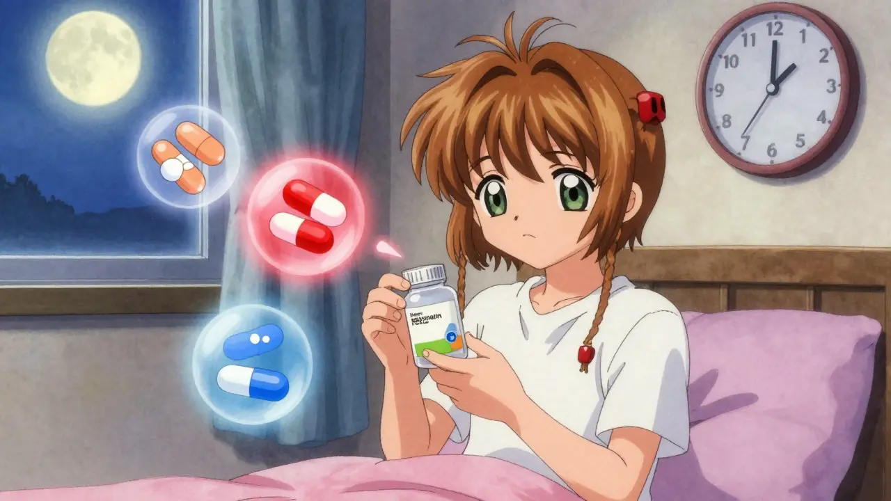 A person holding milk thistle as pills float around them, glowing red and blue to show drug interaction risks.