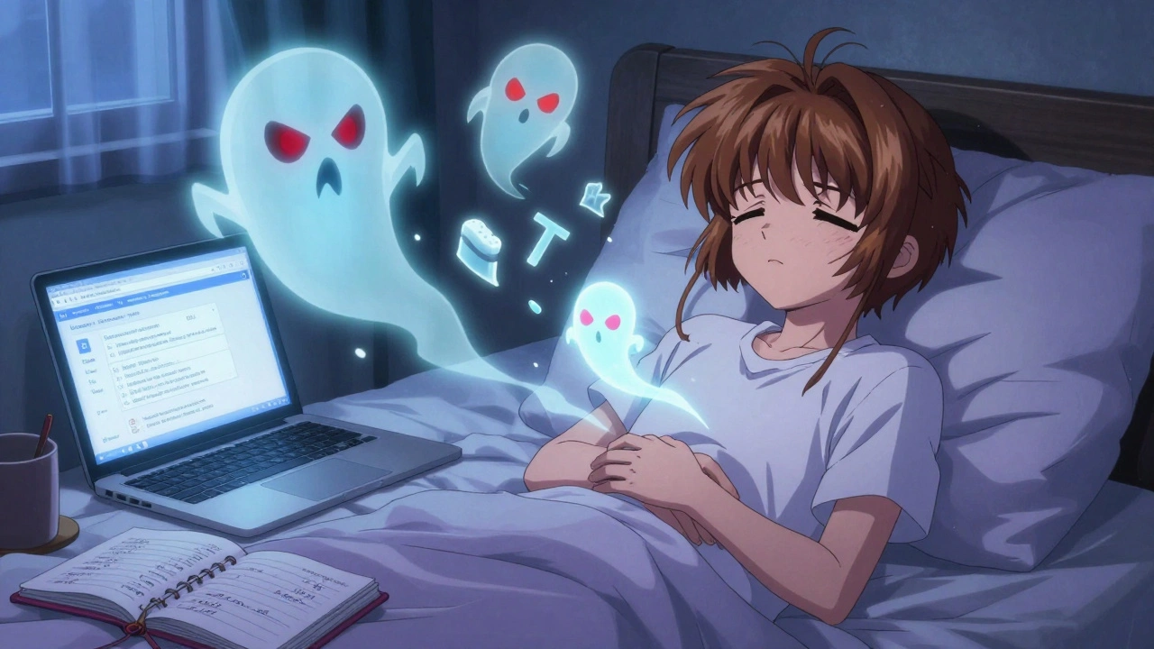 A person in bed with ghostly allergen spirits above them, medical database on laptop and symptom journal on nightstand.