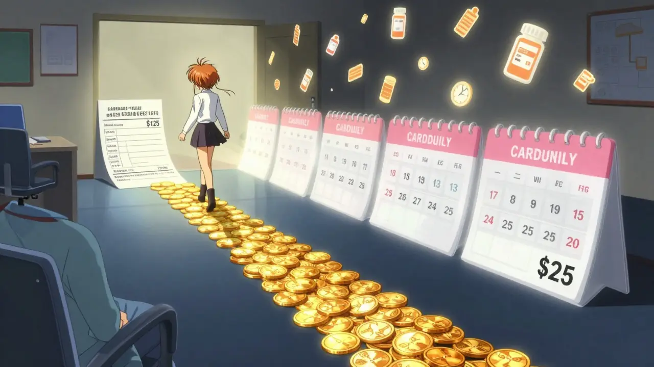 A person walking from full-price therapy costs to lower copay, with glowing coins and a flipping calendar.