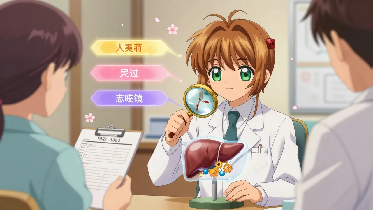 A pharmacist examining a liver model with floating lab results and pathways showing safe and risky drug interactions.