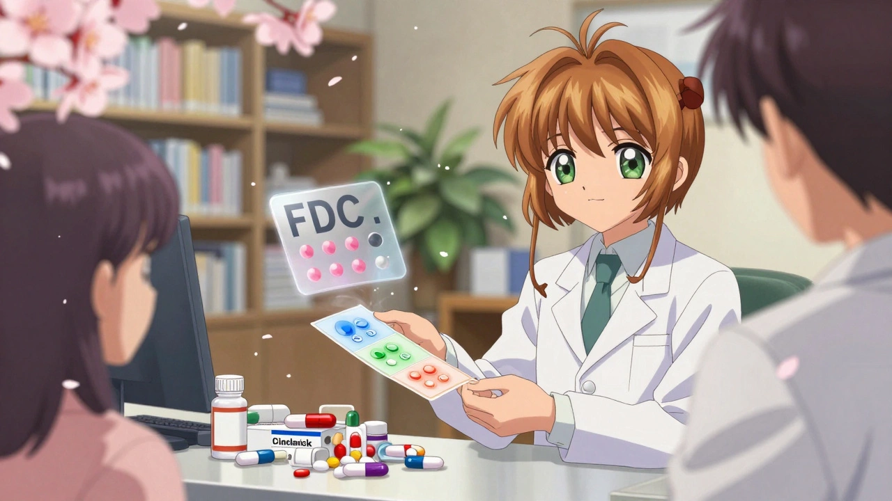 A pharmacist gives a color-coded pill chart to a patient, with a floating fixed-dose pill above.