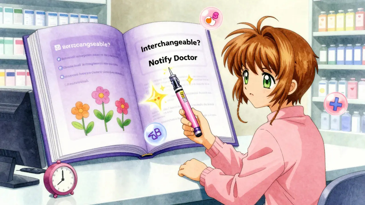 A pharmacist hands a patient a new insulin pen with floating text asking 'Interchangeable?', as a magical Purple Book opens behind them.