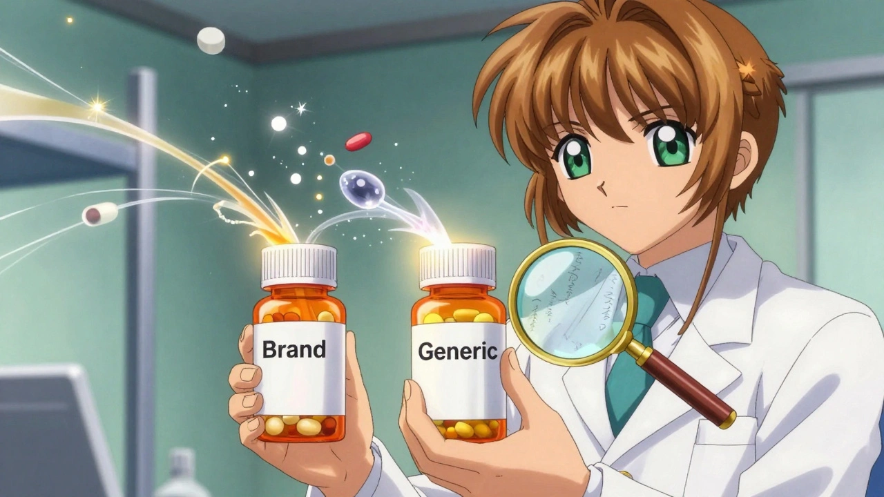 A pharmacist holding two pill bottles with invisible allergens glowing between them, magnifying glass revealing hidden ingredients.