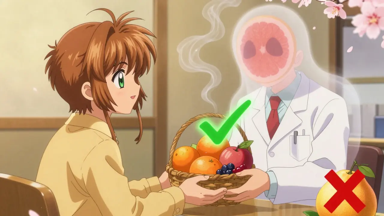 A pharmacist offers safe fruits as a ghostly grapefruit fades away, with glowing checkmarks and cherry blossoms in the background.