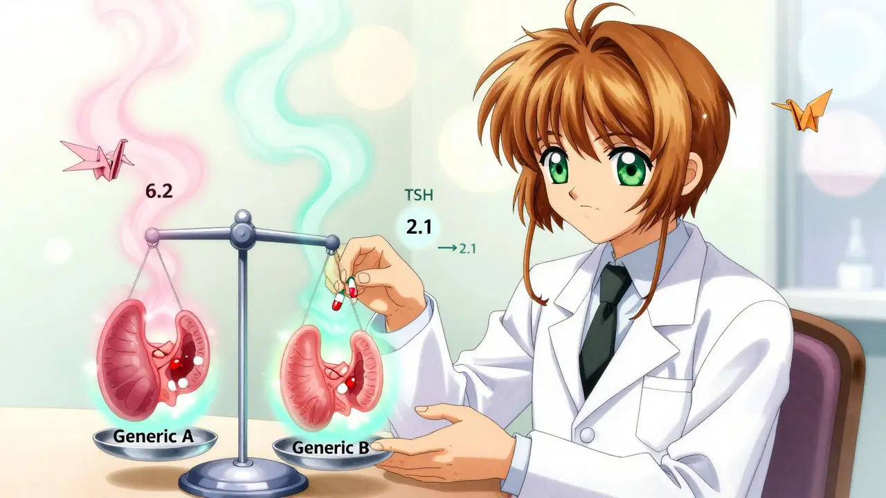 A pharmacist places two generic thyroid pills on a glowing scale, with TSH levels rising as ethereal smoke.