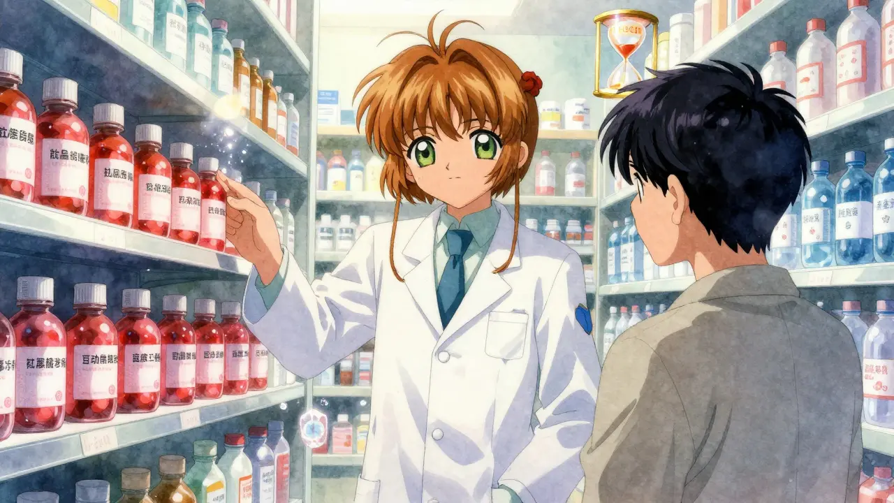 A pharmacist shows a patient which drinks interfere with antibiotics using glowing magical bottles.